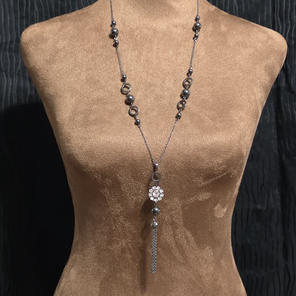 Lia Sophia Hematite Tone Crystal Tassel Pendant Necklace Long Statement Fashion